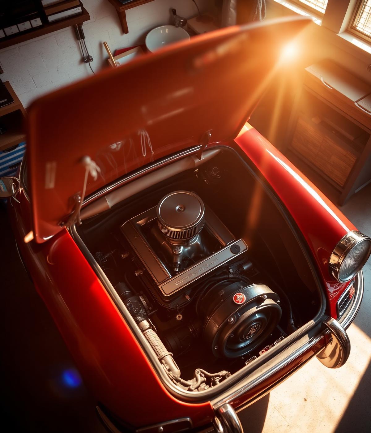 Sorgfältig polierter Motorraum eines klassischen Sportwagens in der Werkstatt